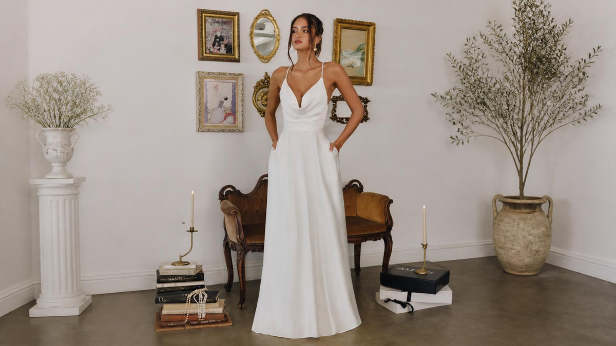 Vestido de novia satén hombros descubiertos en Mons Boutique Concepción