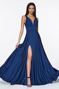 Vestido Línea A Satén Escote en V en Azul Marino — Mons Boutique Concepción