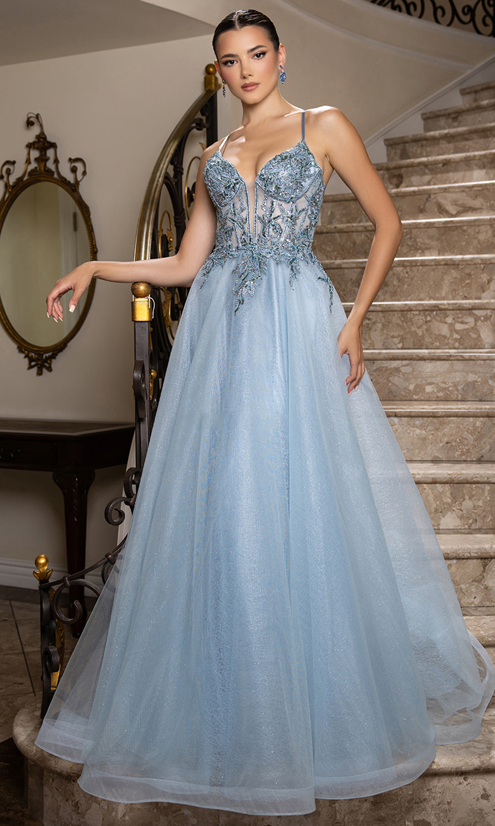 Vestido Línea A Azul Escote en V en Azul Humo — Mons Boutique Concepción