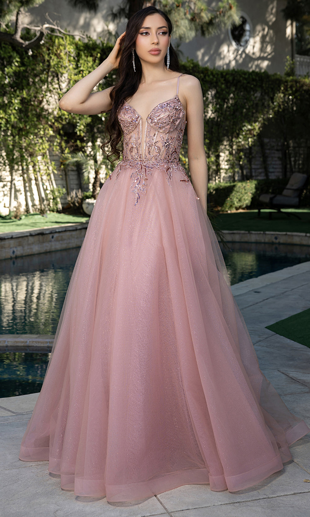 Vestido Línea A Azul Escote en V en Oro Rosa — Mons Boutique Concepción