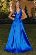 Vestido Línea A Mikado Escote en V en Azul Rey — Mons Boutique Concepción