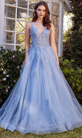 Vestido Línea A Encaje Escote en V en Azul — Mons Boutique Concepción