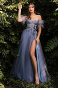 Vestido Línea A Lentejuelas Flores 3D en Azul Humo — Mons Boutique Concepción