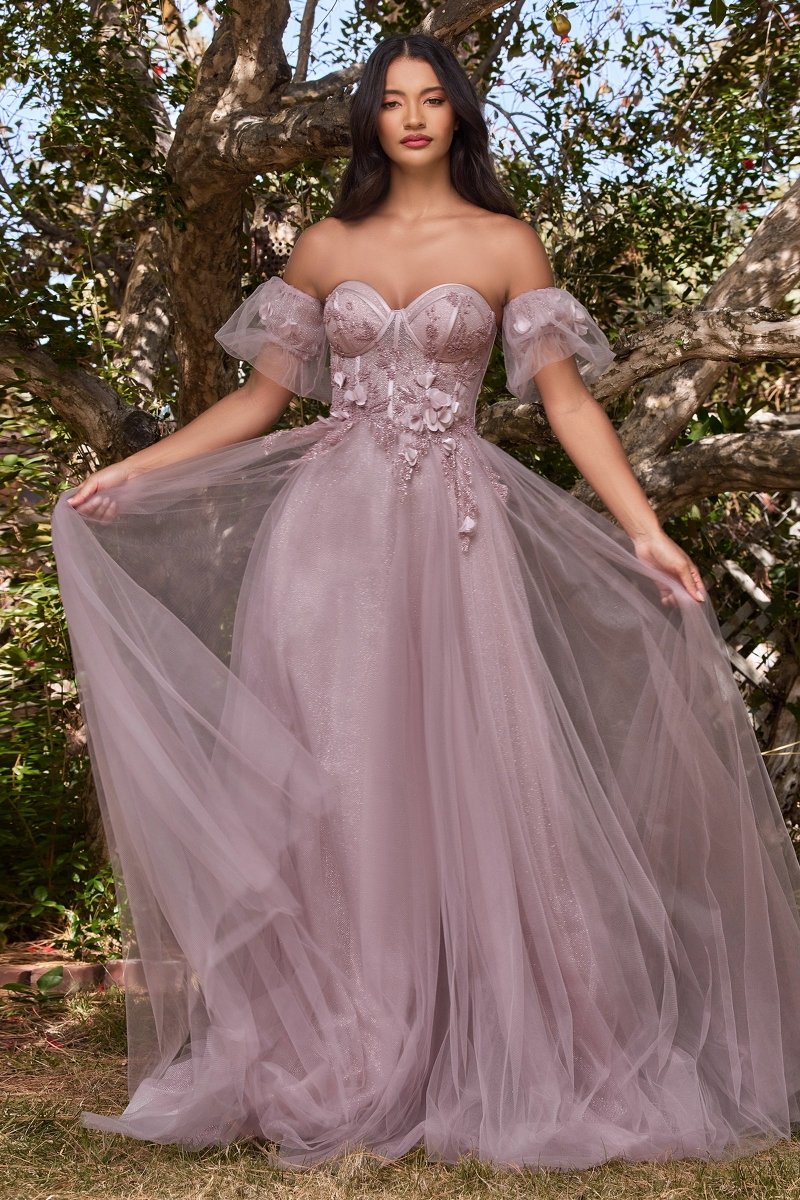 Vestido Línea A Lentejuelas Flores 3D en Malva — Mons Boutique Concepción