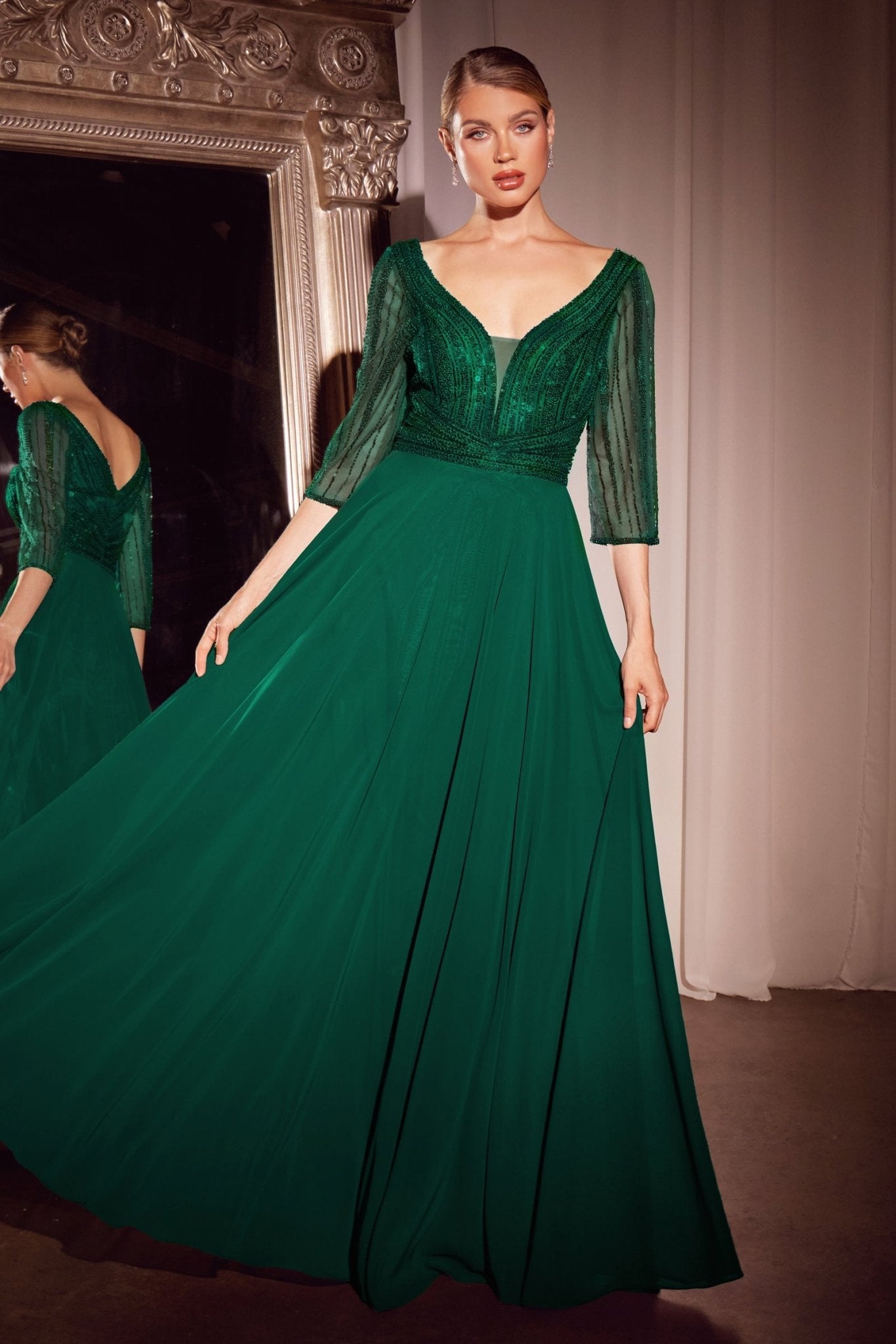 Vestido Línea A Chifón Manga Larga en Verde Esmeralda — Mons Boutique Concepción