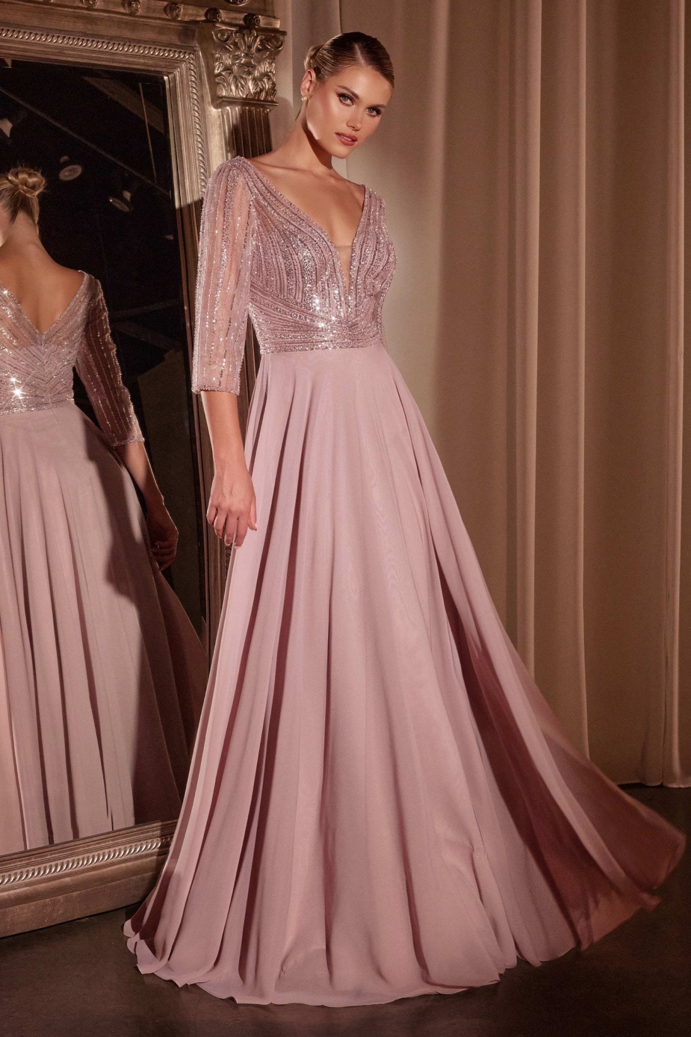 Vestido Línea A Chifón Manga Larga en Malva — Mons Boutique Concepción