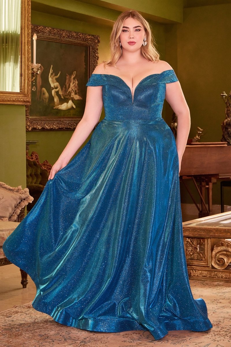 Vestido Princesa Metálico Hombros Descubiertos en Azul — Mons Boutique Concepción