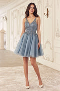 Vestido Corto Encaje con Corsé en Azul Humo — Mons Boutique Concepción