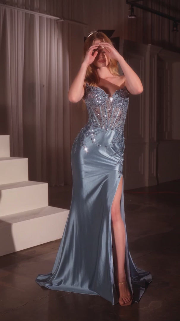 Vestido Sirena Encaje con Cola en Azul Humo — Mons Boutique Concepción