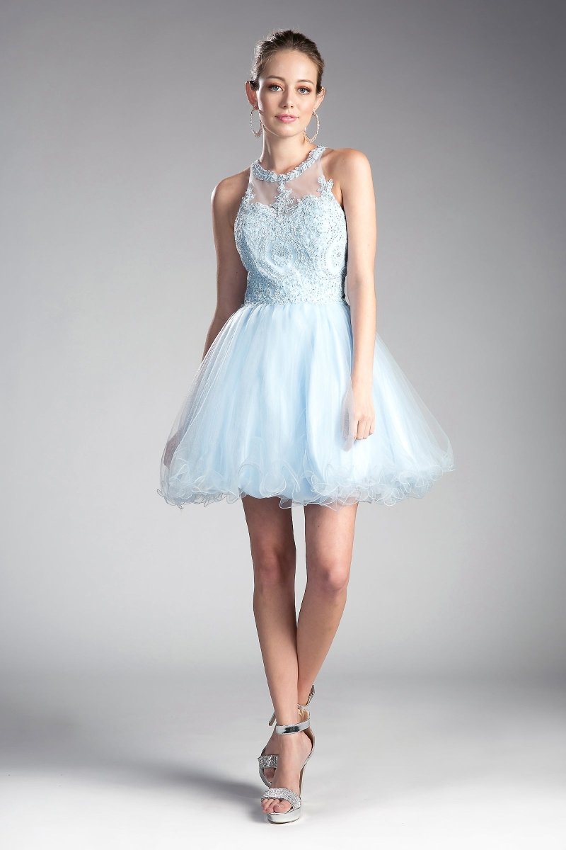 Vestido Corto Encaje Halter en Celeste — Mons Boutique Concepción