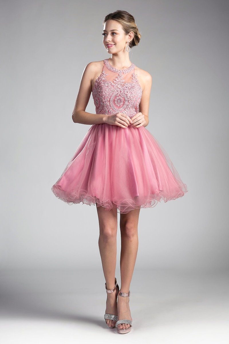 Vestido Corto Encaje Halter en Rosa — Mons Boutique Concepción